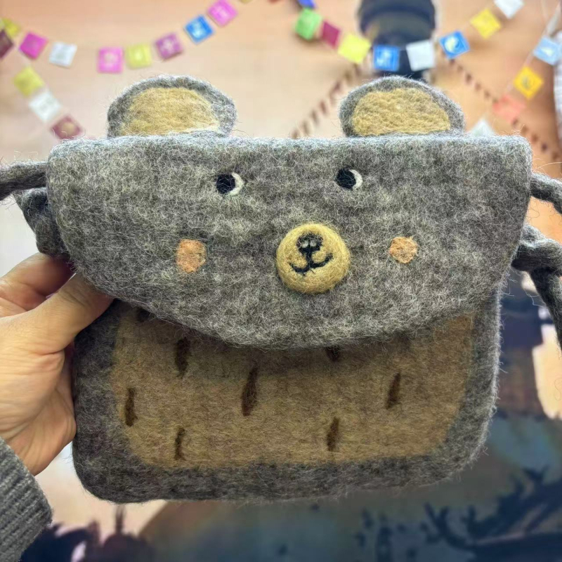 Kézzel készített gyapjúfilcből készült érmés pénztárca kártyatartóval, állat mintával, városi egyszerű stílus, poliészter bélés, 2024 ősz kiadás