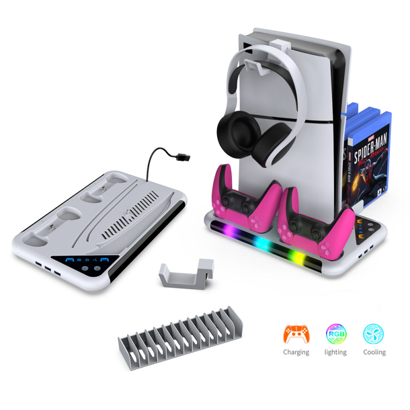 Βάση ψύξης και φόρτισης για PS5 και PS5 Slim με RGB φωτισμό, κρεμάστρα ακουστικών και ABS κατασκευή