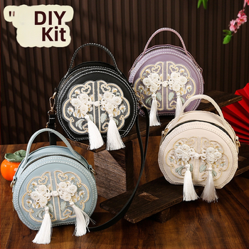 Geantă circulară din PU cu broderie, DIY, crossbody, închidere cu fermoar, căptușeală PU, stil țesut, inspirată de literatura națională și artă