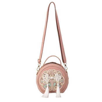 Geantă circulară din PU cu broderie, DIY, crossbody, închidere cu fermoar, căptușeală PU, stil țesut, inspirată de literatura națională și artă