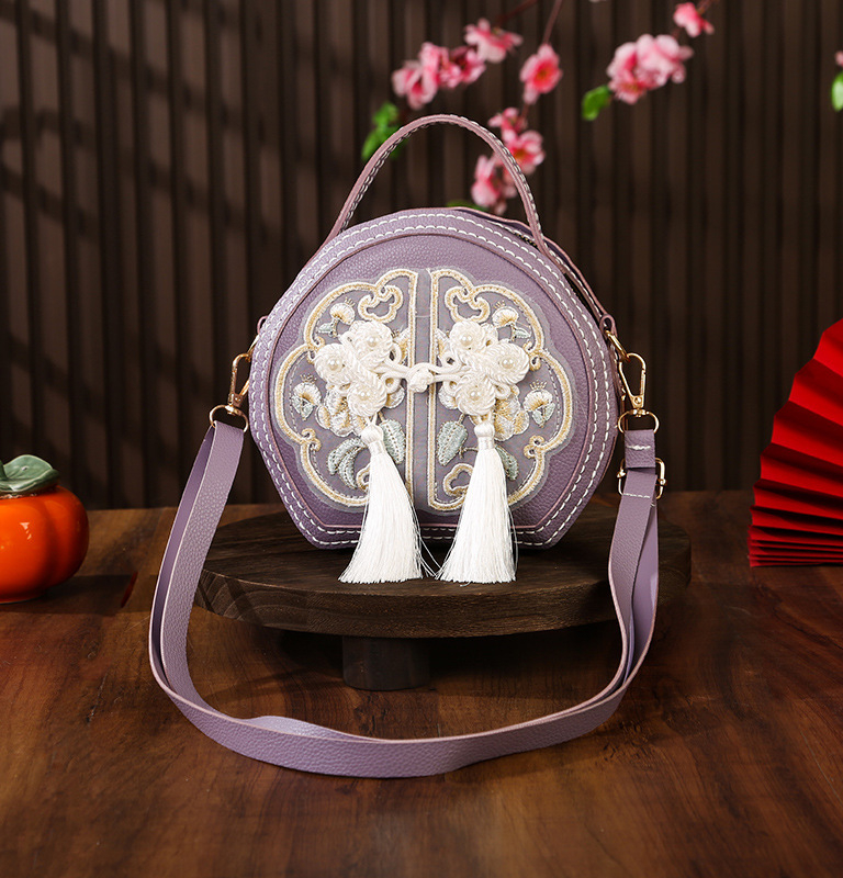 Geantă circulară din PU cu broderie, DIY, crossbody, închidere cu fermoar, căptușeală PU, stil țesut, inspirată de literatura națională și artă