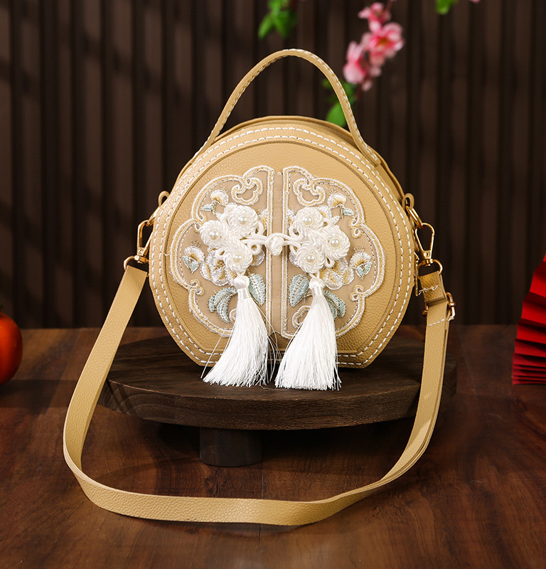 Geantă circulară din PU cu broderie, DIY, crossbody, închidere cu fermoar, căptușeală PU, stil țesut, inspirată de literatura națională și artă