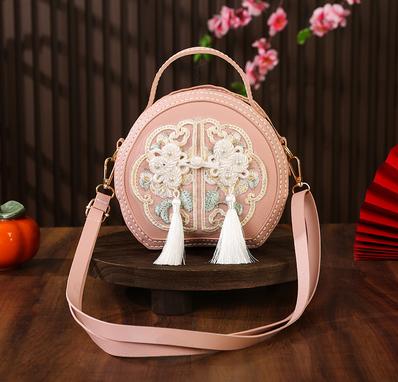 Geantă circulară din PU cu broderie, DIY, crossbody, închidere cu fermoar, căptușeală PU, stil țesut, inspirată de literatura națională și artă