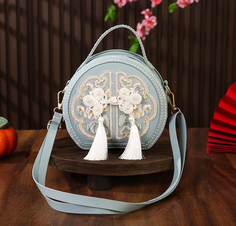 Geantă circulară din PU cu broderie, DIY, crossbody, închidere cu fermoar, căptușeală PU, stil țesut, inspirată de literatura națională și artă