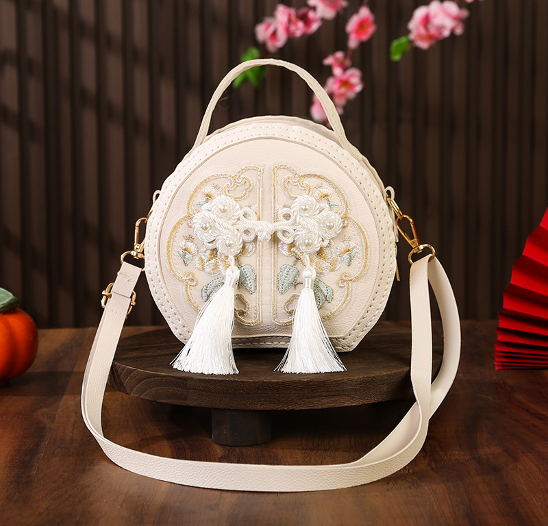 Geantă circulară din PU cu broderie, DIY, crossbody, închidere cu fermoar, căptușeală PU, stil țesut, inspirată de literatura națională și artă