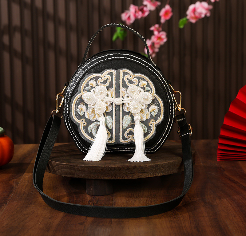 Geantă circulară din PU cu broderie, DIY, crossbody, închidere cu fermoar, căptușeală PU, stil țesut, inspirată de literatura națională și artă