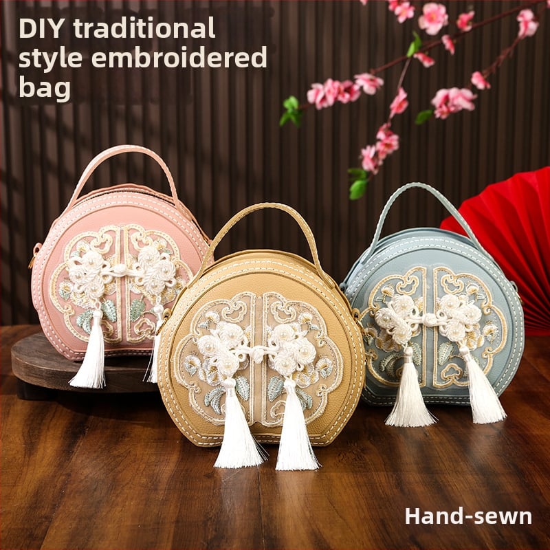 Geantă circulară din PU cu broderie, DIY, crossbody, închidere cu fermoar, căptușeală PU, stil țesut, inspirată de literatura națională și artă