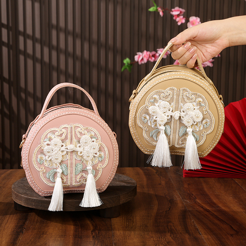 Geantă circulară din PU cu broderie, DIY, crossbody, închidere cu fermoar, căptușeală PU, stil țesut, inspirată de literatura națională și artă