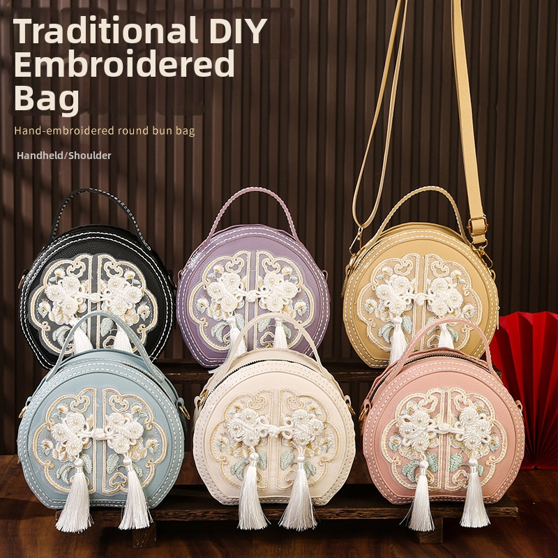 Geantă circulară din PU cu broderie, DIY, crossbody, închidere cu fermoar, căptușeală PU, stil țesut, inspirată de literatura națională și artă