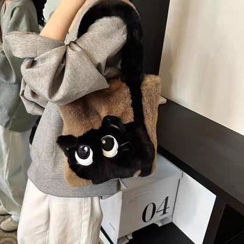 Geantă de umăr din pluș cu motiv de pisică și broderie, stil urban minimalist, formă vertical pătrată, închidere magnetică, căptușeală din piele sintetică — Xiao he, Toamnă 2025