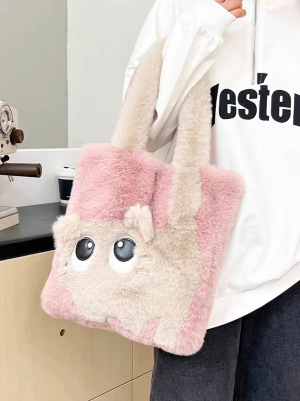 Geantă de umăr din pluș cu motiv de pisică și broderie, stil urban minimalist, formă vertical pătrată, închidere magnetică, căptușeală din piele sintetică — Xiao he, Toamnă 2025