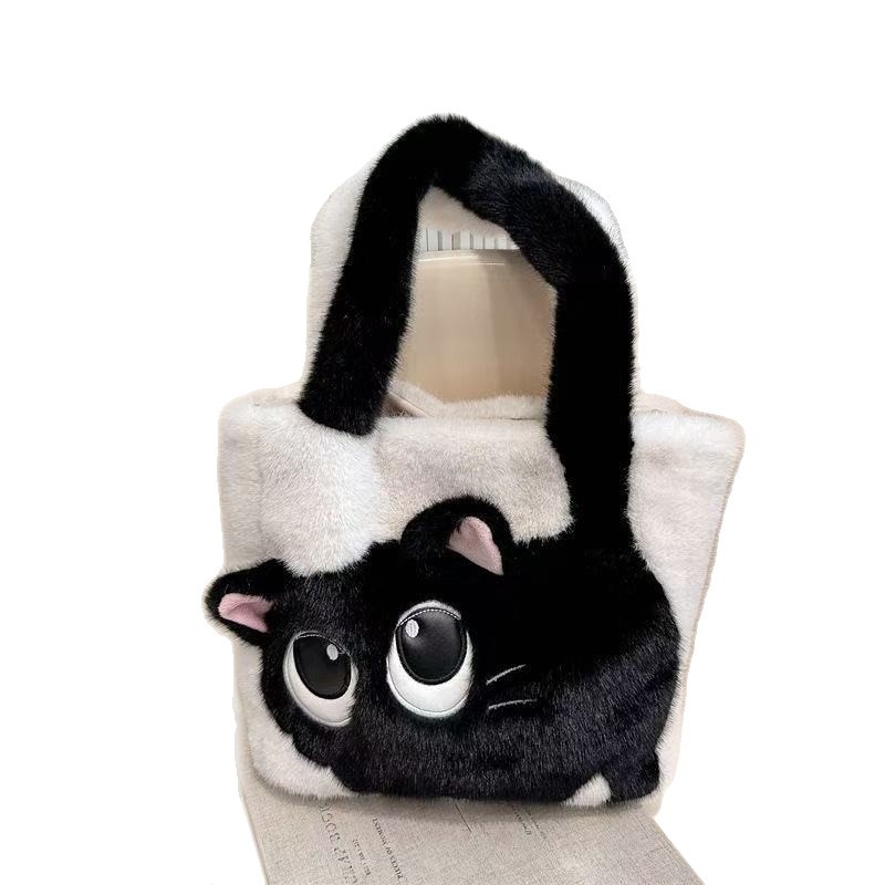 Geantă de umăr din pluș cu motiv de pisică și broderie, stil urban minimalist, formă vertical pătrată, închidere magnetică, căptușeală din piele sintetică — Xiao he, Toamnă 2025