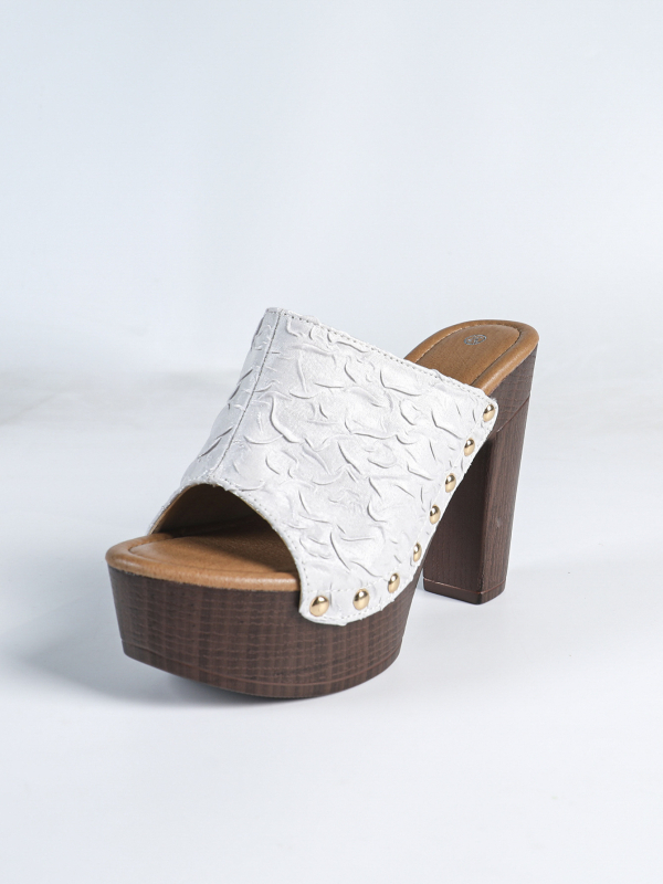 Дамски сандали с форма на рибена уста, висок и дебел ток над 8 см, PU горна част, PU вътрешност, гумена подметка с нитове