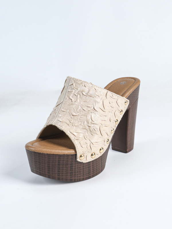 Дамски сандали с форма на рибена уста, висок и дебел ток над 8 см, PU горна част, PU вътрешност, гумена подметка с нитове