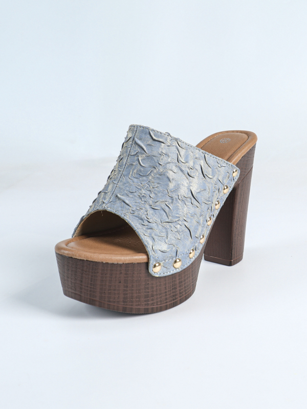 Дамски сандали с форма на рибена уста, висок и дебел ток над 8 см, PU горна част, PU вътрешност, гумена подметка с нитове