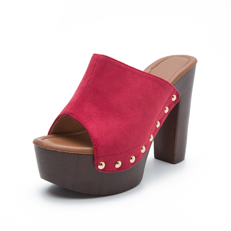 Дамски сандали с форма на рибена уста, висок и дебел ток над 8 см, PU горна част, PU вътрешност, гумена подметка с нитове