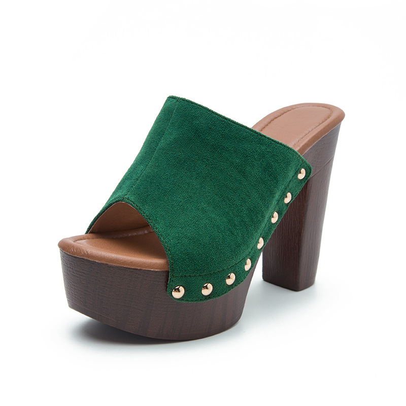 Дамски сандали с форма на рибена уста, висок и дебел ток над 8 см, PU горна част, PU вътрешност, гумена подметка с нитове