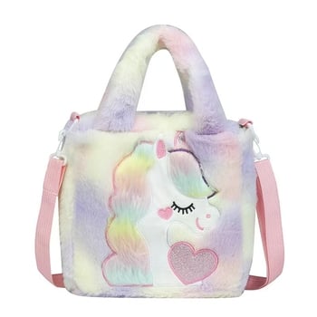 Geantă unicorn pluș, stil proaspăt și drăguț, din lână artificială, formă pătrată orizontală, închidere magnetică, buzunar interior patch cu buzunar pentru telefon