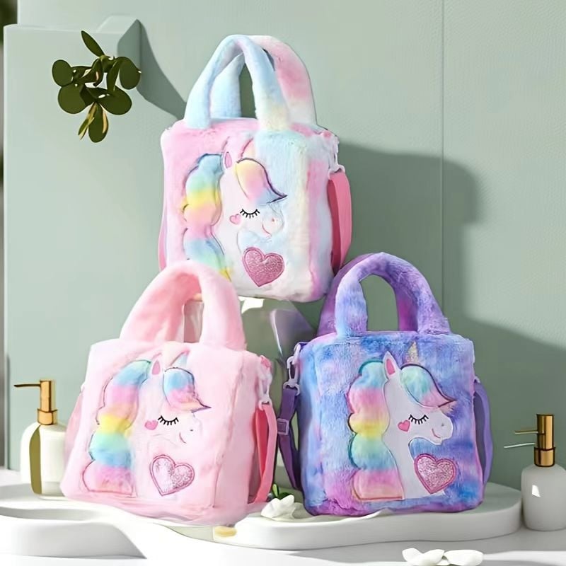 Geantă unicorn pluș, stil proaspăt și drăguț, din lână artificială, formă pătrată orizontală, închidere magnetică, buzunar interior patch cu buzunar pentru telefon