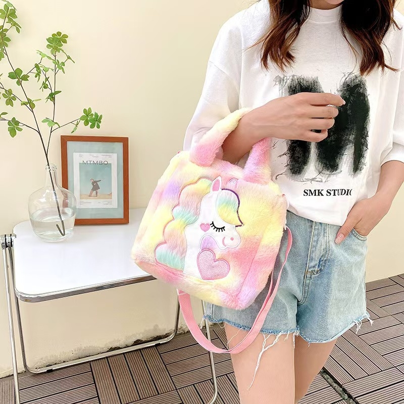 Geantă unicorn pluș, stil proaspăt și drăguț, din lână artificială, formă pătrată orizontală, închidere magnetică, buzunar interior patch cu buzunar pentru telefon