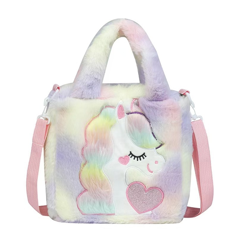 Geantă unicorn pluș, stil proaspăt și drăguț, din lână artificială, formă pătrată orizontală, închidere magnetică, buzunar interior patch cu buzunar pentru telefon