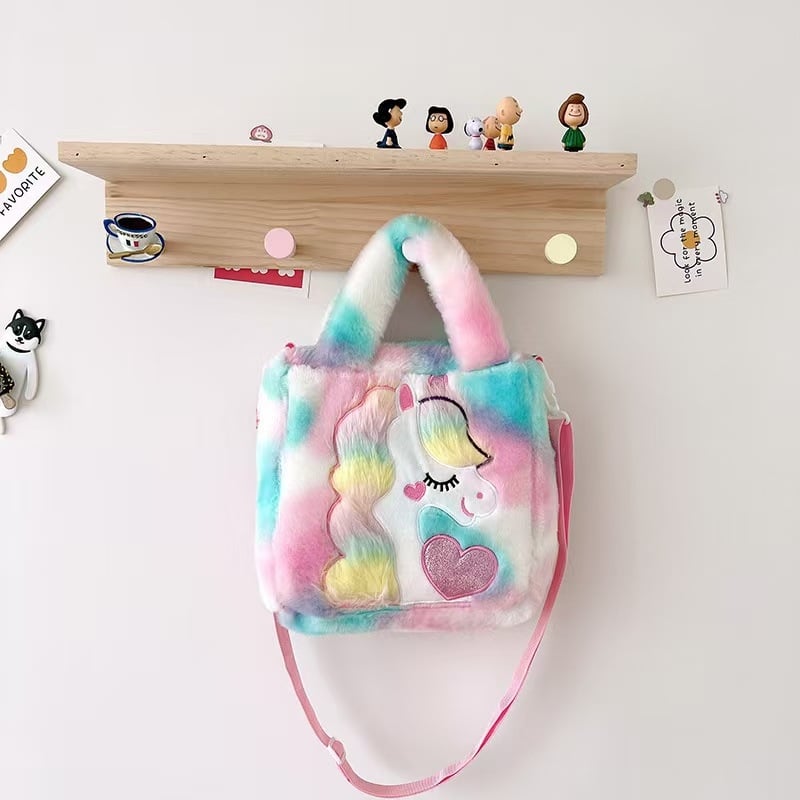 Geantă unicorn pluș, stil proaspăt și drăguț, din lână artificială, formă pătrată orizontală, închidere magnetică, buzunar interior patch cu buzunar pentru telefon