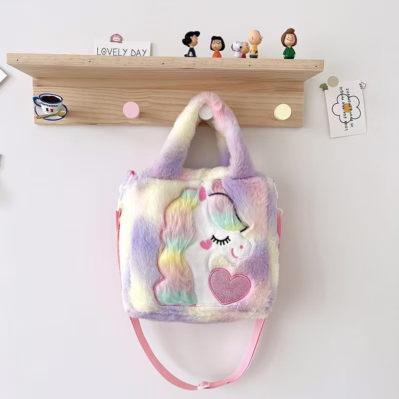 Geantă unicorn pluș, stil proaspăt și drăguț, din lână artificială, formă pătrată orizontală, închidere magnetică, buzunar interior patch cu buzunar pentru telefon