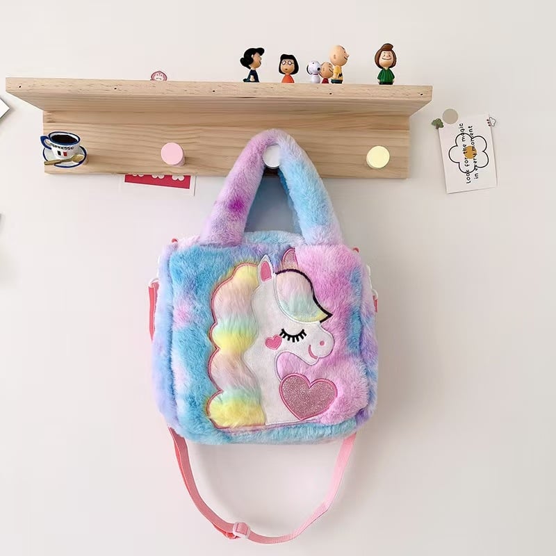 Geantă unicorn pluș, stil proaspăt și drăguț, din lână artificială, formă pătrată orizontală, închidere magnetică, buzunar interior patch cu buzunar pentru telefon