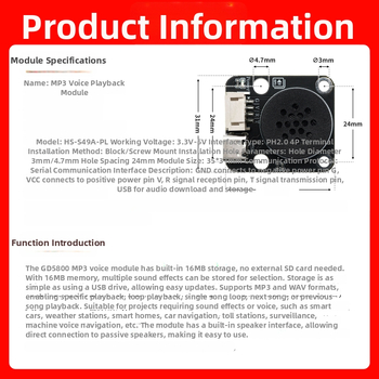 MP3 balses atskaņošanas modulis Arduino, saderīgs ar LEGO un vadība caur seriālo portu – Modelis HS-S49PL