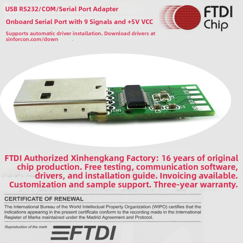 FTDI USB‑to‑RS232 adaptérová doska, FTDI čip, USB‑serial rozhranie, rýchlosť 115200, model SN-200123