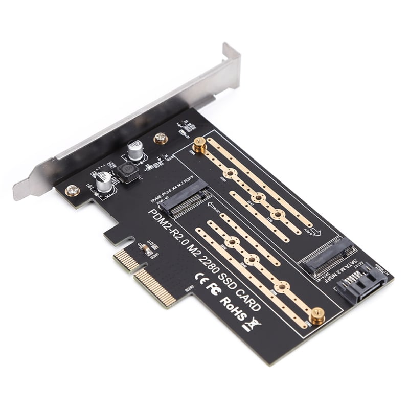 Carte adaptor PCIe către M.2 NVMe/NGFF cu două bay-uri pentru PC desktop — bazat pe PCIe, două sloturi M.2, transfer de date până la 3000, include cablu de date, șuruburi și pad de disipare din silicon