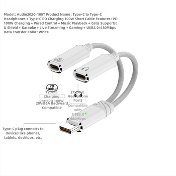 Type-C na Type-C 2-v-1 napájanie a zvuk adaptér kábel, dvojvýstupný, 480 Mbps