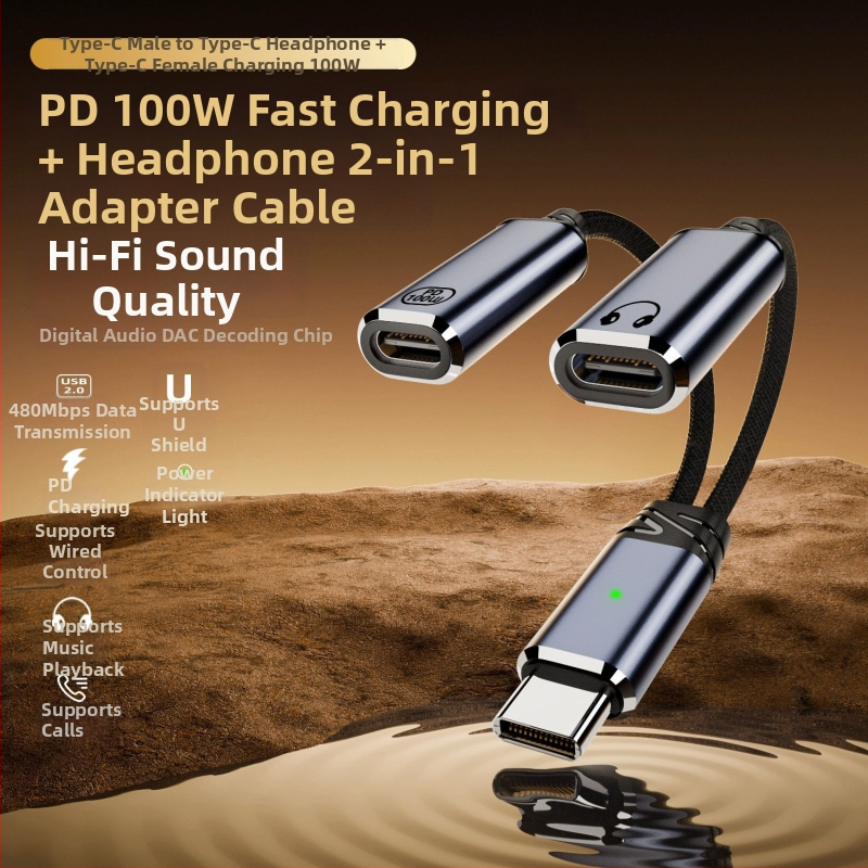 Type-C na Type-C 2-v-1 napájanie a zvuk adaptér kábel, dvojvýstupný, 480 Mbps