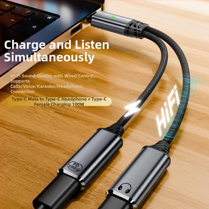 Type-C na Type-C 2-v-1 napájanie a zvuk adaptér kábel, dvojvýstupný, 480 Mbps