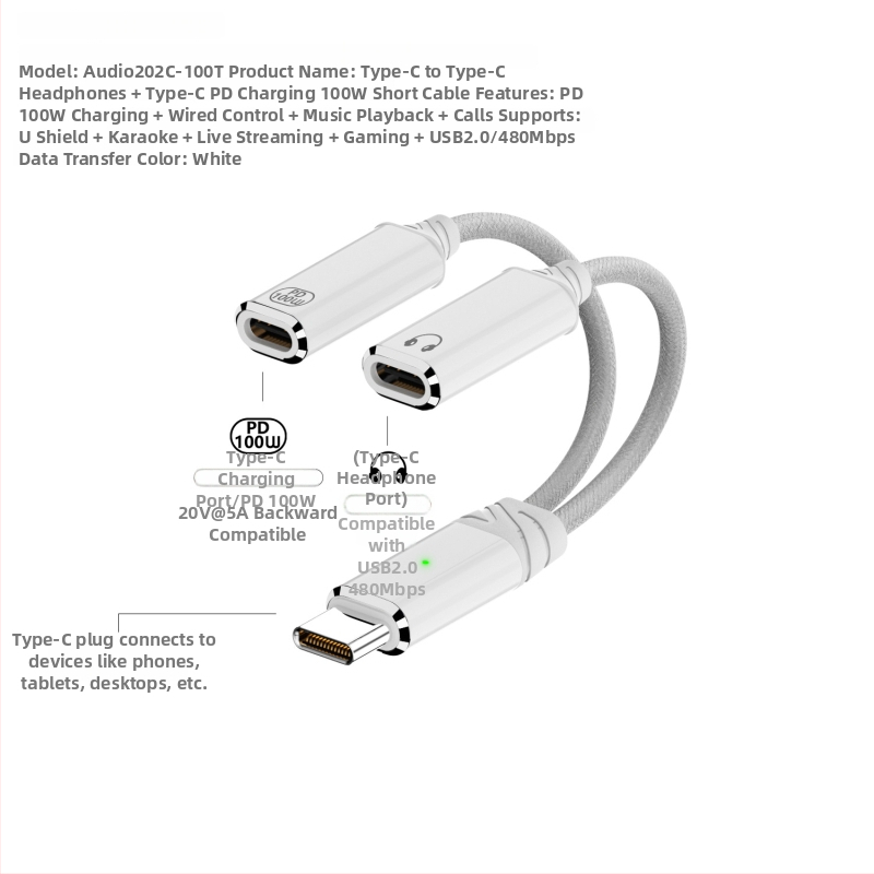 Type-C na Type-C 2-v-1 napájanie a zvuk adaptér kábel, dvojvýstupný, 480 Mbps