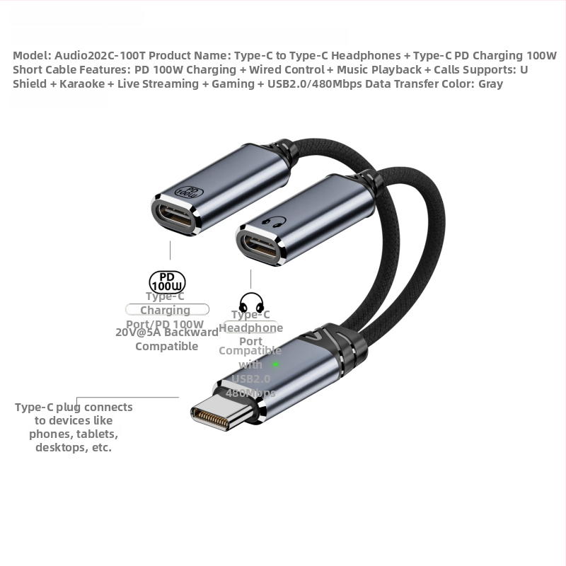 Type-C na Type-C 2-v-1 napájanie a zvuk adaptér kábel, dvojvýstupný, 480 Mbps