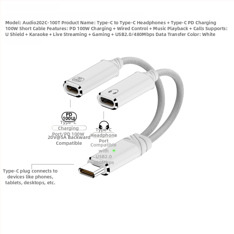 Type-C na Type-C 2-v-1 napájanie a zvuk adaptér kábel, dvojvýstupný, 480 Mbps