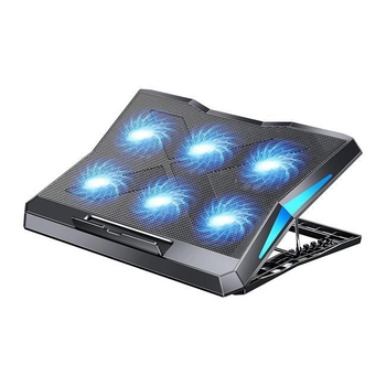 Лаптоп радиатор с шест вентилатора, регулируема височина и скорост, тихо охлаждане, метална мрежеста основа