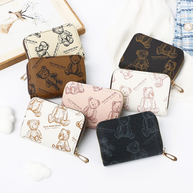 Morina PVC novčanik za kartice s printom medvjeda, unisex, zatvarač za novčiće, podstava od poliestera, protiv krađe