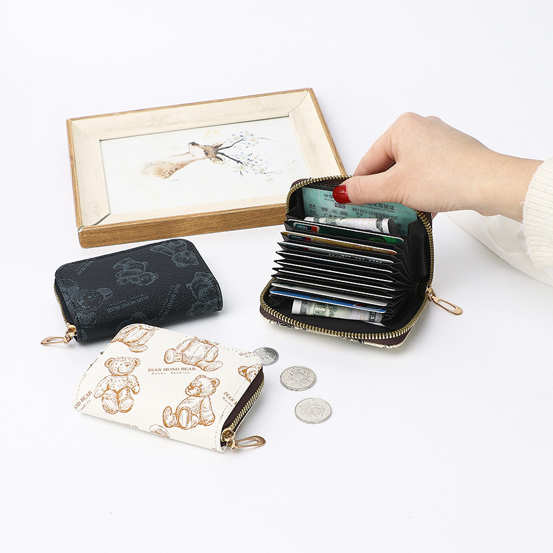 Morina PVC novčanik za kartice s printom medvjeda, unisex, zatvarač za novčiće, podstava od poliestera, protiv krađe