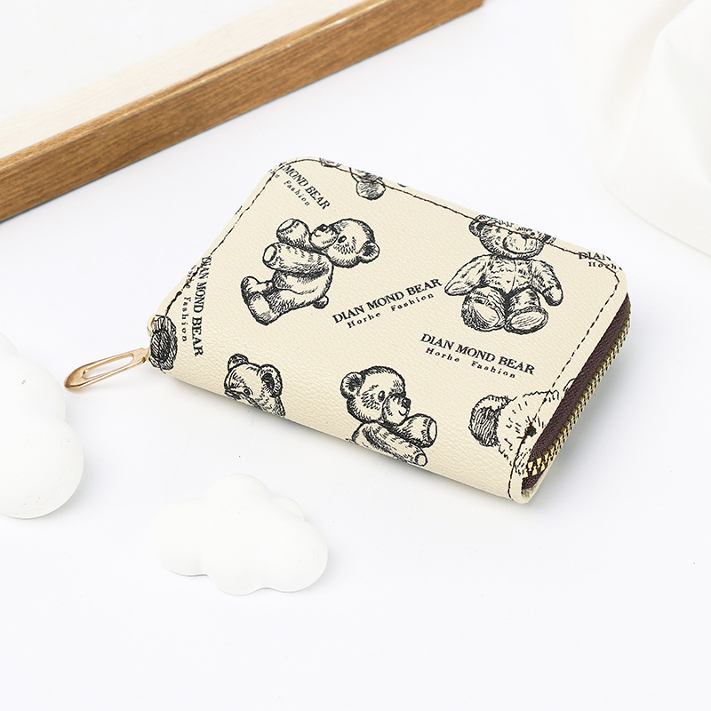 Morina PVC novčanik za kartice s printom medvjeda, unisex, zatvarač za novčiće, podstava od poliestera, protiv krađe
