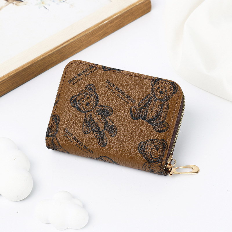 Morina PVC novčanik za kartice s printom medvjeda, unisex, zatvarač za novčiće, podstava od poliestera, protiv krađe