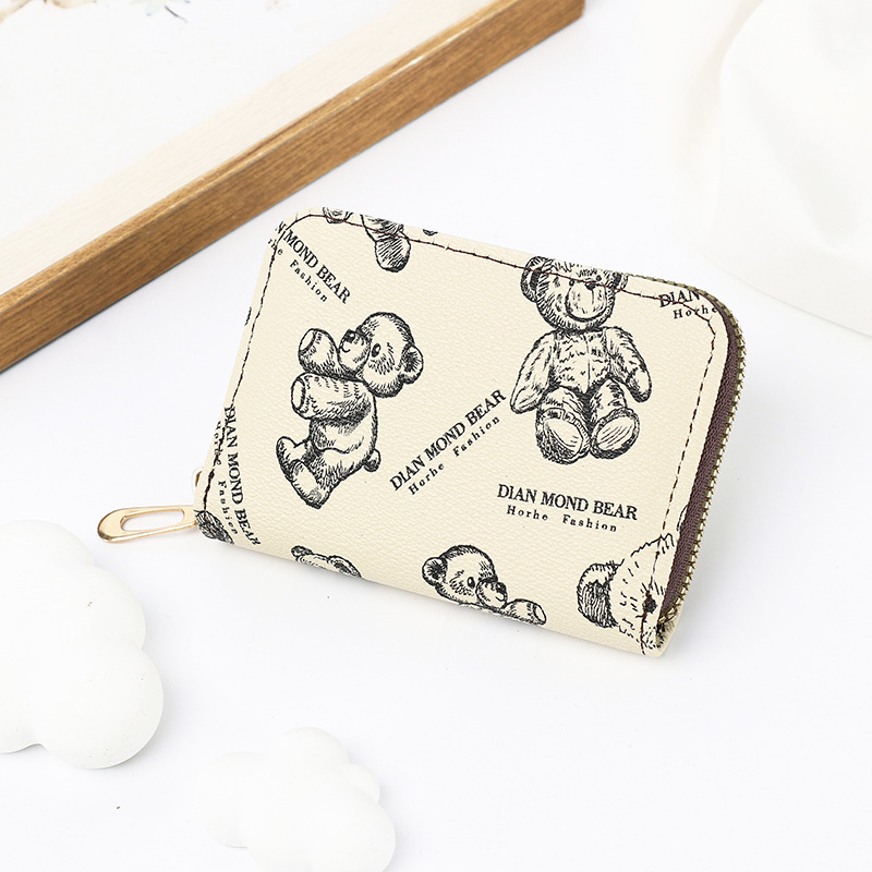 Morina PVC novčanik za kartice s printom medvjeda, unisex, zatvarač za novčiće, podstava od poliestera, protiv krađe