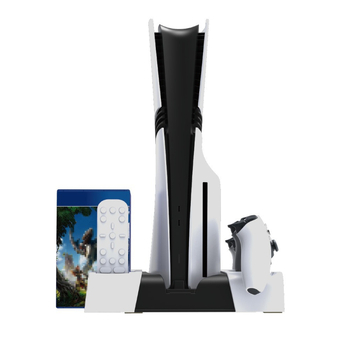 Bază de răcire pentru PS5/Slim/Pro cu iluminare LED ambientală, docking pentru controller și raft pentru discuri (ABS, Type-C, 1105 g)