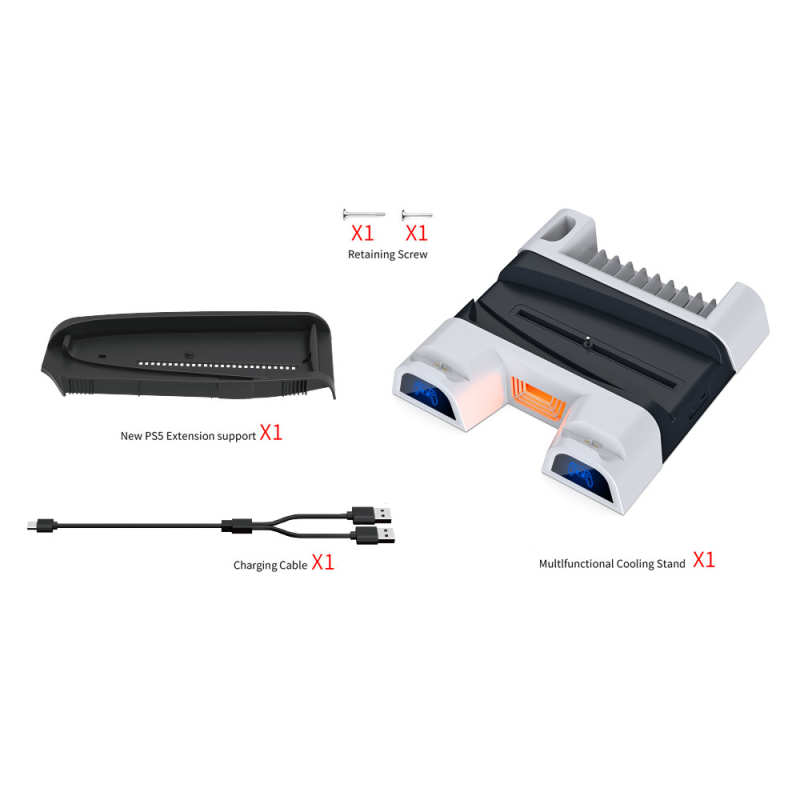 Bază de răcire pentru PS5/Slim/Pro cu iluminare LED ambientală, docking pentru controller și raft pentru discuri (ABS, Type-C, 1105 g)