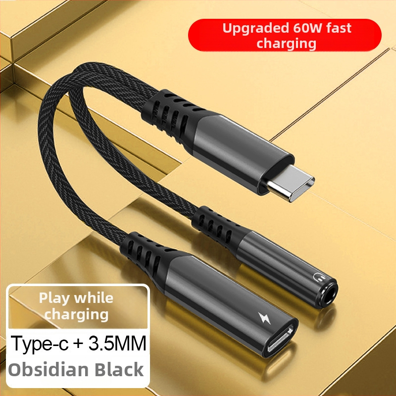 Type-C 2-v-1 audio napájací adaptér kábel, z 3,5 mm na Type-C, meďové jadro, zvuk 16bit/48kHz, PD60W rýchle nabíjanie