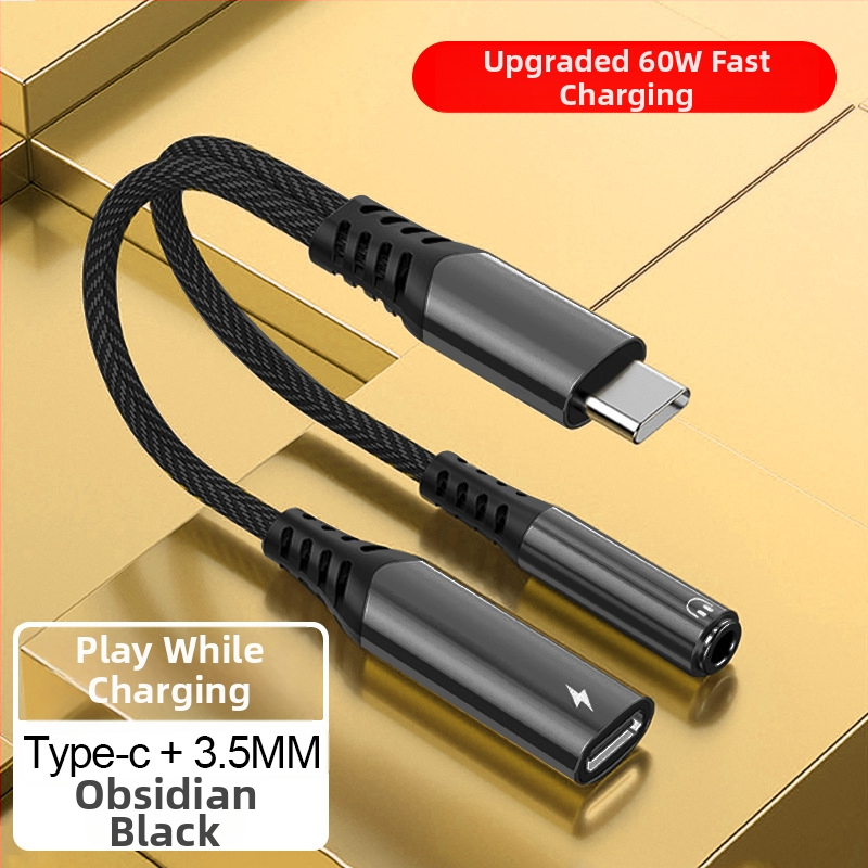 Type-C 2-v-1 audio napájací adaptér kábel, z 3,5 mm na Type-C, meďové jadro, zvuk 16bit/48kHz, PD60W rýchle nabíjanie