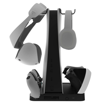 Suport de răcire pentru PS5 cu stație de încărcare pentru controllere PS5/PSVR2, lampă de iluminare și spațiu de depozitare pentru cască și căști