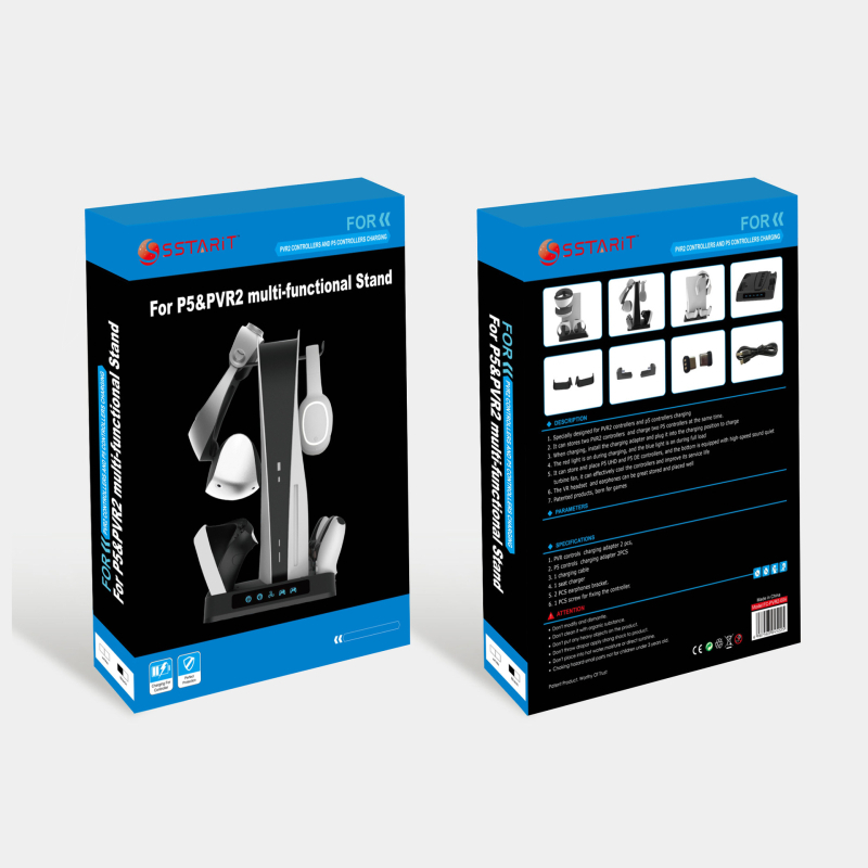 Suport de răcire pentru PS5 cu stație de încărcare pentru controllere PS5/PSVR2, lampă de iluminare și spațiu de depozitare pentru cască și căști