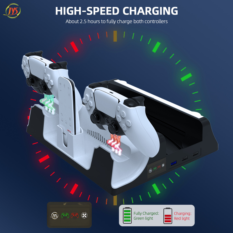 PS5/PS5 Slim dzesēšanas apakšdaļa ar USB HUB un dubultu uzlādi kontrolleriem — modelis JYS-P5130-2; Materiāls ABS